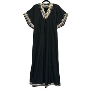 J Peterman Moroccan Embroidered Cotton Caftan Maxi Long Dress Black Gold OS L XL